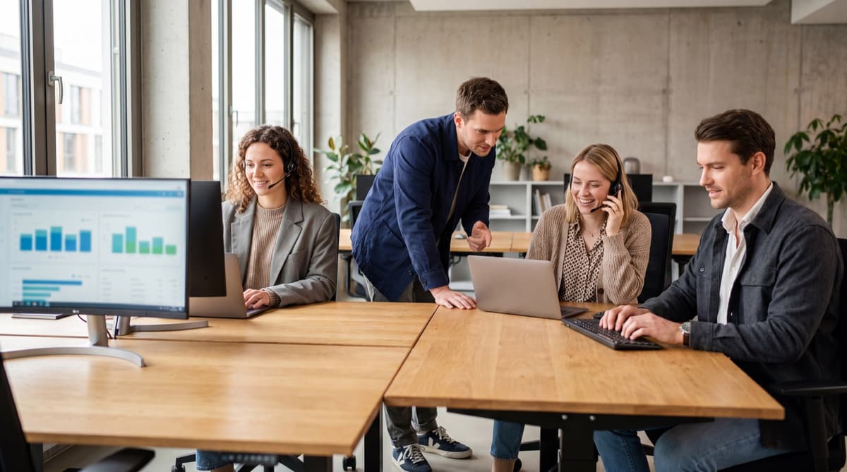 Team arbeitet gemeinsam an Laptops in einem modernen Büro