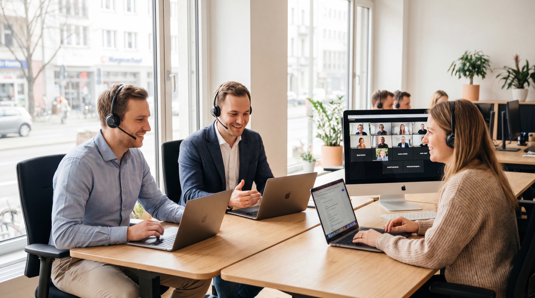 Vertriebsteam im Gespräch in einem hellen Büro